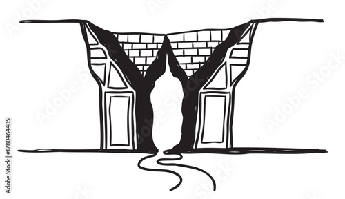 Black and white sketch of a cracked wall with exposed brickwork and two large openings.