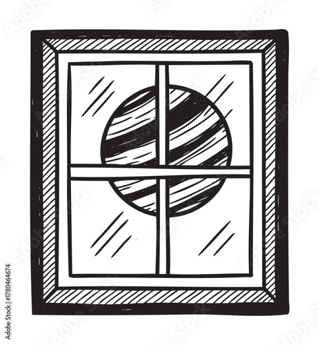 Hand-drawn black and white window frame with four glass panes and a circular design in the center, depicted in a sketch style.