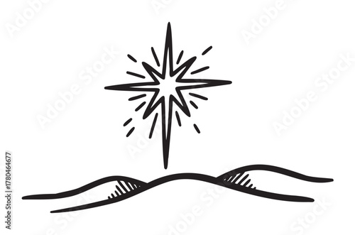 Simple black outline of a radiant star above wavy lines resembling hills or dunes, signifying hope or guidance.