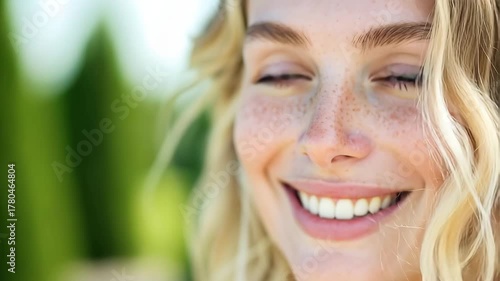 Video of happy smiling beautiful young woman with blonde hair walking outside in green fields and enjoying summer days.Slow motion.AI Generative.