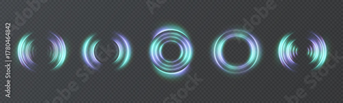 A set of glowing radar effects and wave-like patterns on a transparent background. Round signal elements for user interfaces, futuristic HUD visual effects, scanning animations, or sonar display desig