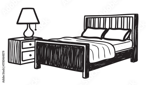Black outline sketch of a bedroom with a bed, pillows, and a bedside lamp on a nightstand, highlighting a cozy and simple interior design.