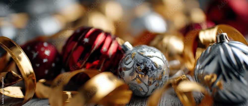 Naklejka premium Festive Christmas Ornaments with Gold Ribbon on Wooden Surface in Warm Light Holiday Season Decoration Concept