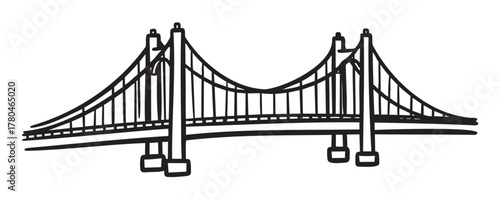 Black outline sketch of a suspension bridge with multiple cables and towers, showcasing architectural design and engineering.