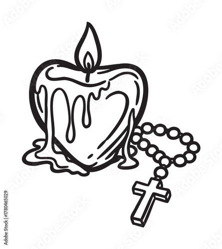 Black outline drawing of a melting heart-shaped candle with a small flame and a rosary featuring a cross beside it.