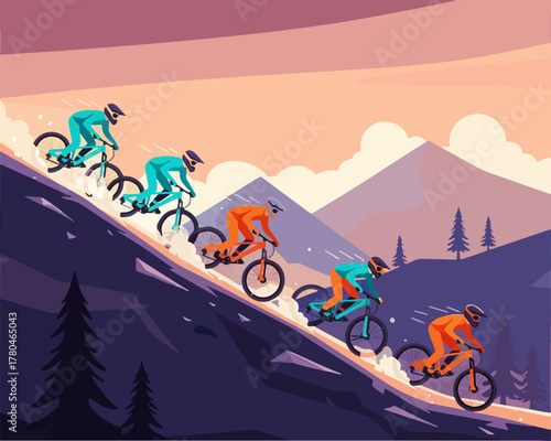 flat design downhill sports competing to climb a steep hill