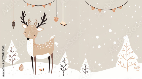 A big-eyed fawn stands in a snowy forest with icy ornaments on its branches. Christmas background, card, invitation.