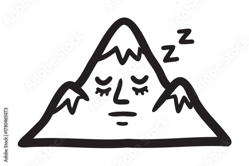 Black outline drawing of a sleeping mountain with a face, closed eyes, and a peaceful expression, featuring a zigzag pattern at the peak.