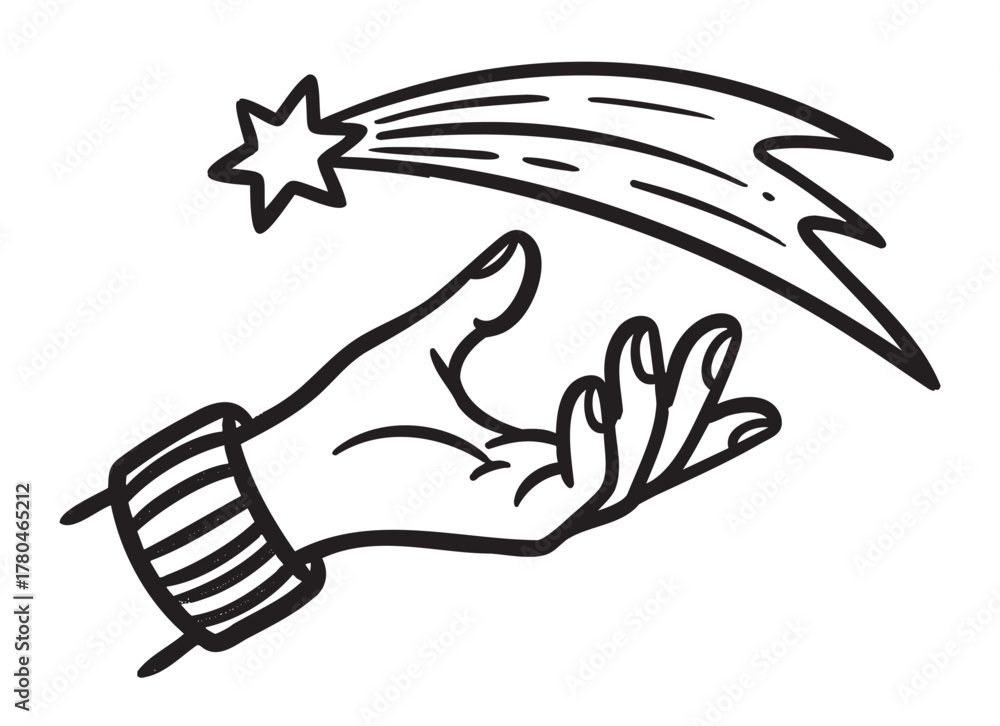 Obraz premium Black outline drawing of an outstretched hand reaching for a shooting star with a trailing tail.