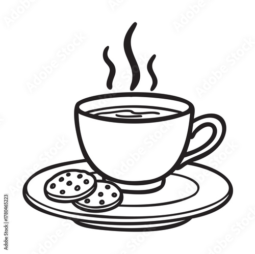 Black outline illustration of a steaming cup of coffee on a saucer with two cookies, capturing a cozy snack moment.