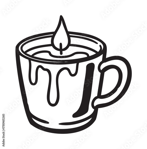 Black outline of a steaming cup of coffee, featuring a whimsical drip design and a flame-shaped steam.