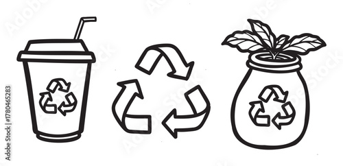 Black outline vector icons of a disposable cup with straw, recycling symbol, and a plant pot with leaves, each featuring a recycling sign.