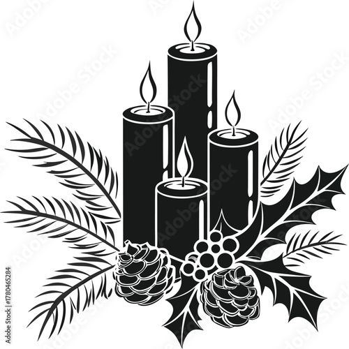 Advent candles and pine needles composition for festive seasonal decorations isolated on transparent background
