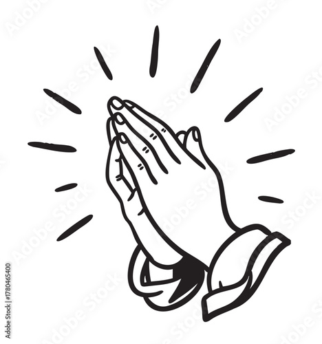 Black and white illustration of two hands clasped together in prayer with rays emanating outward.