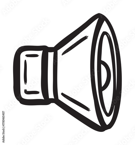 Black outline hand-drawn doodle of a vintage megaphone with a flared bell and handle, resembling a traditional loudspeaker.