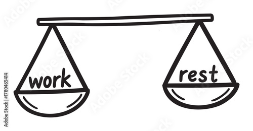 Black outline drawing of a balance scale with one side labeled 'work' weighing down more than the other side labeled 'rest.'