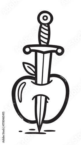 Black outline illustration of a dagger piercing an apple, featuring a simple design with a round handle and leaves.