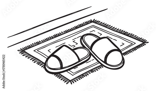 Black outline drawing of a pair of simple slip-on slippers placed on a rectangular fringed rug.