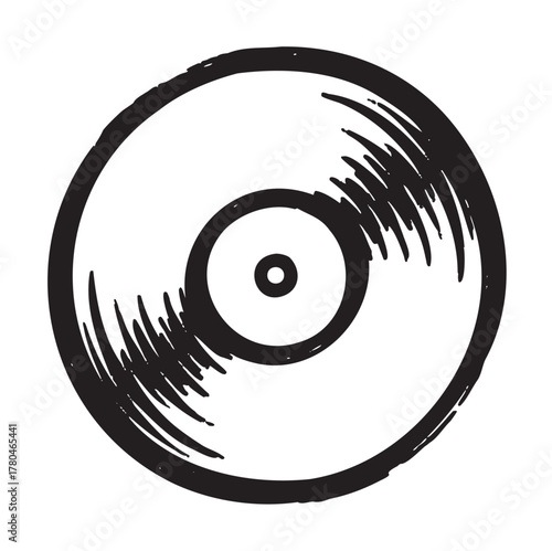 Black outline sketch of a vinyl record with visible grooves, symbolizing music and nostalgia.