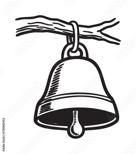 Black outline of a vintage bell hanging from a curved branch, showcasing simple linear art for decoration or design themes.