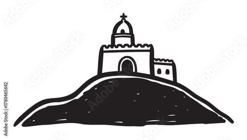 Black outline vector icon of a simple church with a dome and cross situated on a hill. minimal linear illustration for religious and architectural concepts.