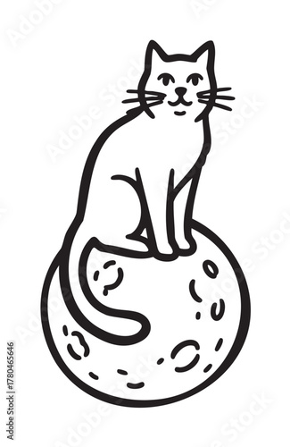 Black outline of a sitting cat perched on a round, cratered moon surface, with a minimalistic and whimsical design.
