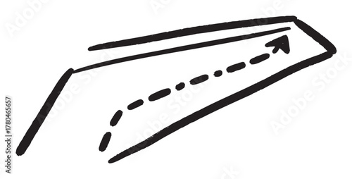 Hand-drawn black arrow with dashed line inside a large curved shape, symbolizing direction or progress.