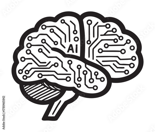 Simple black outline of a human brain with circuit board patterns and the letters "ai" emphasizing artificial intelligence technology.
