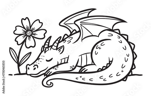 Black and white outline illustration of a sleeping dragon with wings and horns, nestled beside a blooming flower.
