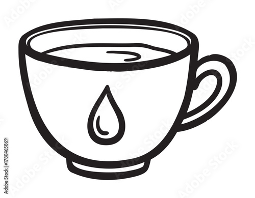Black outline vector icon of a simple coffee cup with a single drop symbol on its side. minimal linear illustration for beverage, cafe, and drink concepts.