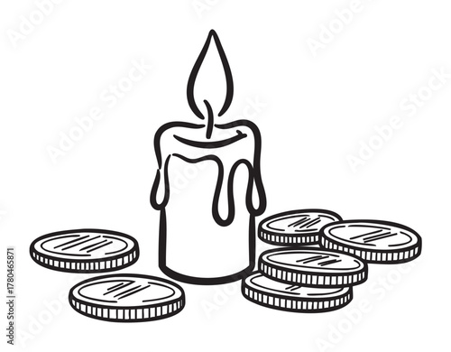 Black and white line drawing of a candle with dripping wax surrounded by scattered coins.