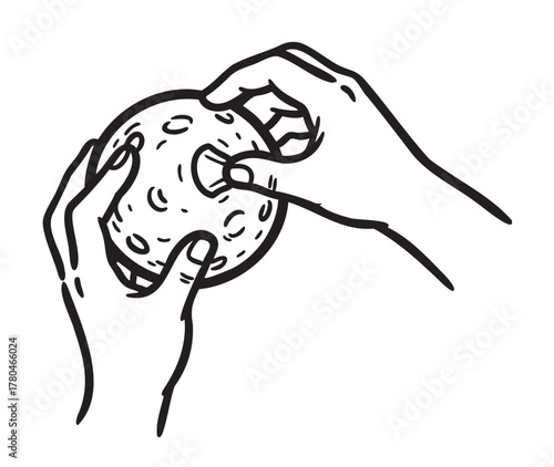 Black outline drawing of two hands gently holding a detailed, textured moon, showcasing its craters and surface features.