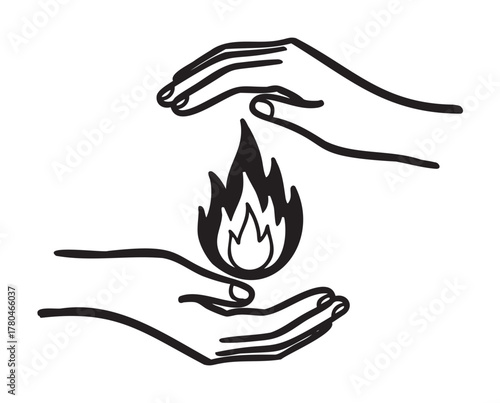 Black outline of hands gently cradling a stylized flame, symbolizing protection and care.
