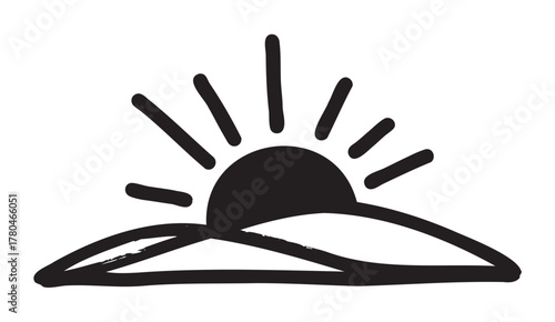 Black abstract sun rising over simple hills with curved lines and bold rays. minimal design for nature, sunrise, and landscape themes.