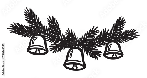 Black outline of three bells hanging from conifer branches, symbolizing festive holiday decorations.
