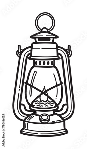 Black outline vector icon of a vintage kerosene lantern with a handle and detailed metalwork design.