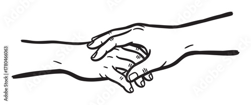 Black outline drawing of two hands touching gently, with one hand clasping the thumb and fingers of the other hand tenderly.