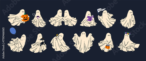 Set of cute ghosts. Happy spirits with cat, pumpkin are flying. Friendly baby spookies. Scary and funny Halloween characters have fun. Spooky shadows of Helloween. Flat isolated vector illustrations