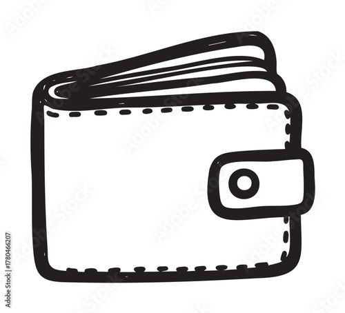 Black outline of a simple, closed bi-fold wallet with a button clasp, displaying multiple visible compartments.