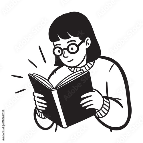 Caucasian female young adult with bob haircut wearing round glasses, engrossed in reading a book while showing a thoughtful expression.