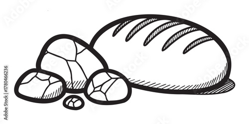 Black outline vector icon of a simple round bread loaf with a crust pattern, accompanied by four small scattered rocks. minimal line art for baking and natural elements concepts.