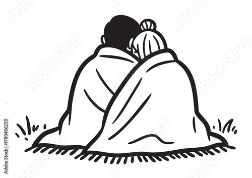 Black and white illustration of a couple seated on a blanket in an outdoor setting, depicted from the back.