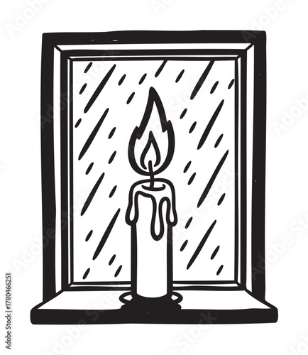 Black outline of a single lit candle with melting wax on a window sill, set against a rainy backdrop.