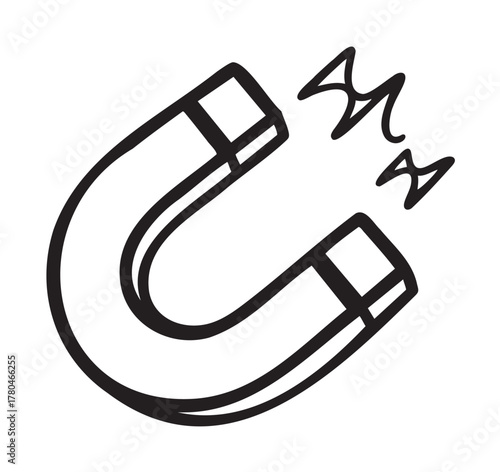 Black outline drawing of a classic u-shaped magnet with stylized lines indicating magnetic forces on a white background.