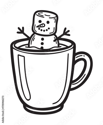 Black outline drawing of a cheerful snowman marshmallow floating in a large coffee mug, with visible stick arms and facial features.