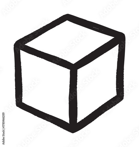 Black outline sketch of a simple three-dimensional cube with a minimalist design and bold lines.