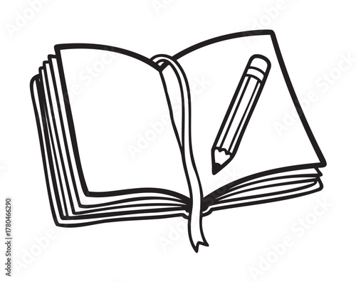 Black outline drawing of an open book with a ribbon bookmark and a pencil placed on its pages, signifying writing or journaling.