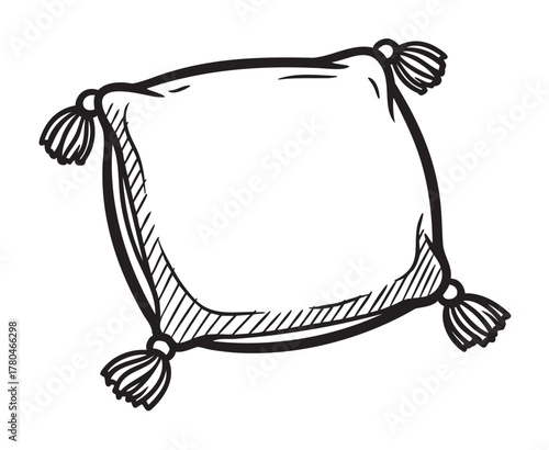 Black outline drawing of a square pillow with decorative tassels at each corner, perfect for home decor or textile design concepts.