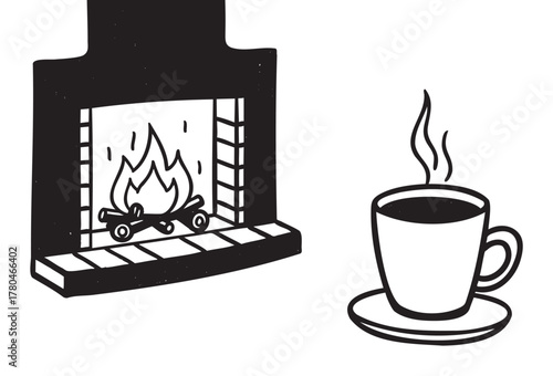Black and white vector illustration of a warm crackling fireplace with visible flames and logs, accompanied by a steaming cup on a saucer.