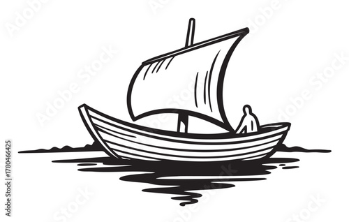 Black outline drawing of a small sailboat with a single sail and a person sitting, floating on calm waters.
